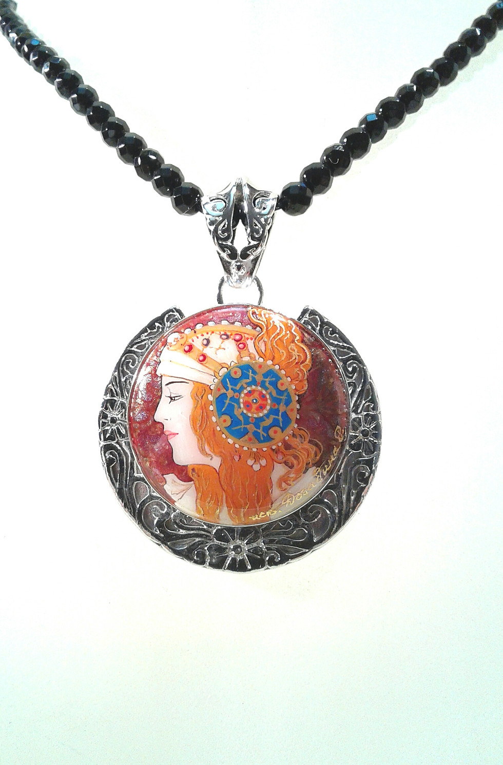 Thumbnail: Hand painted Mucha Sterling Silver setting, Blondet