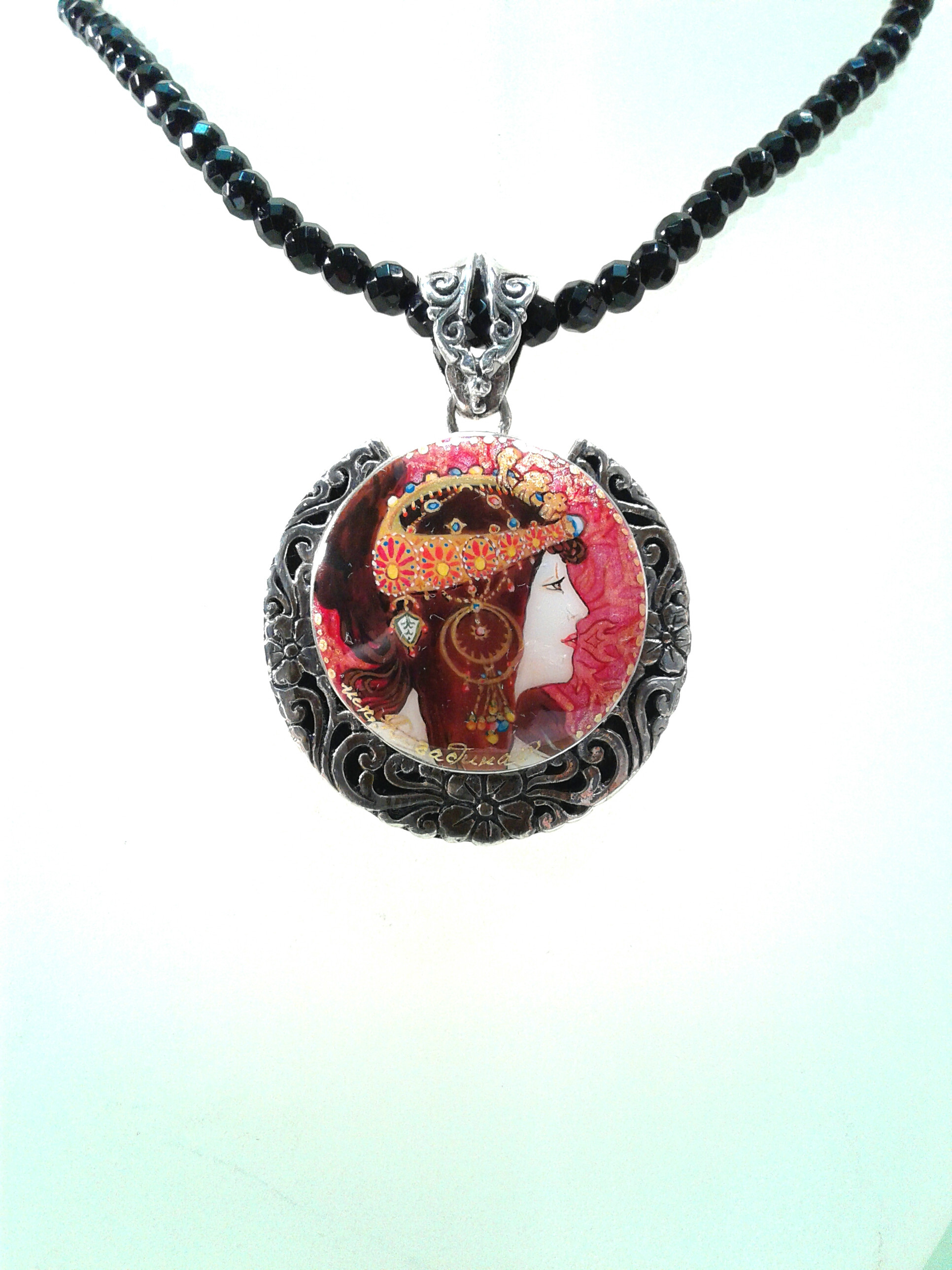 Hand painted Mucha Sterling Silver setting- Brunette