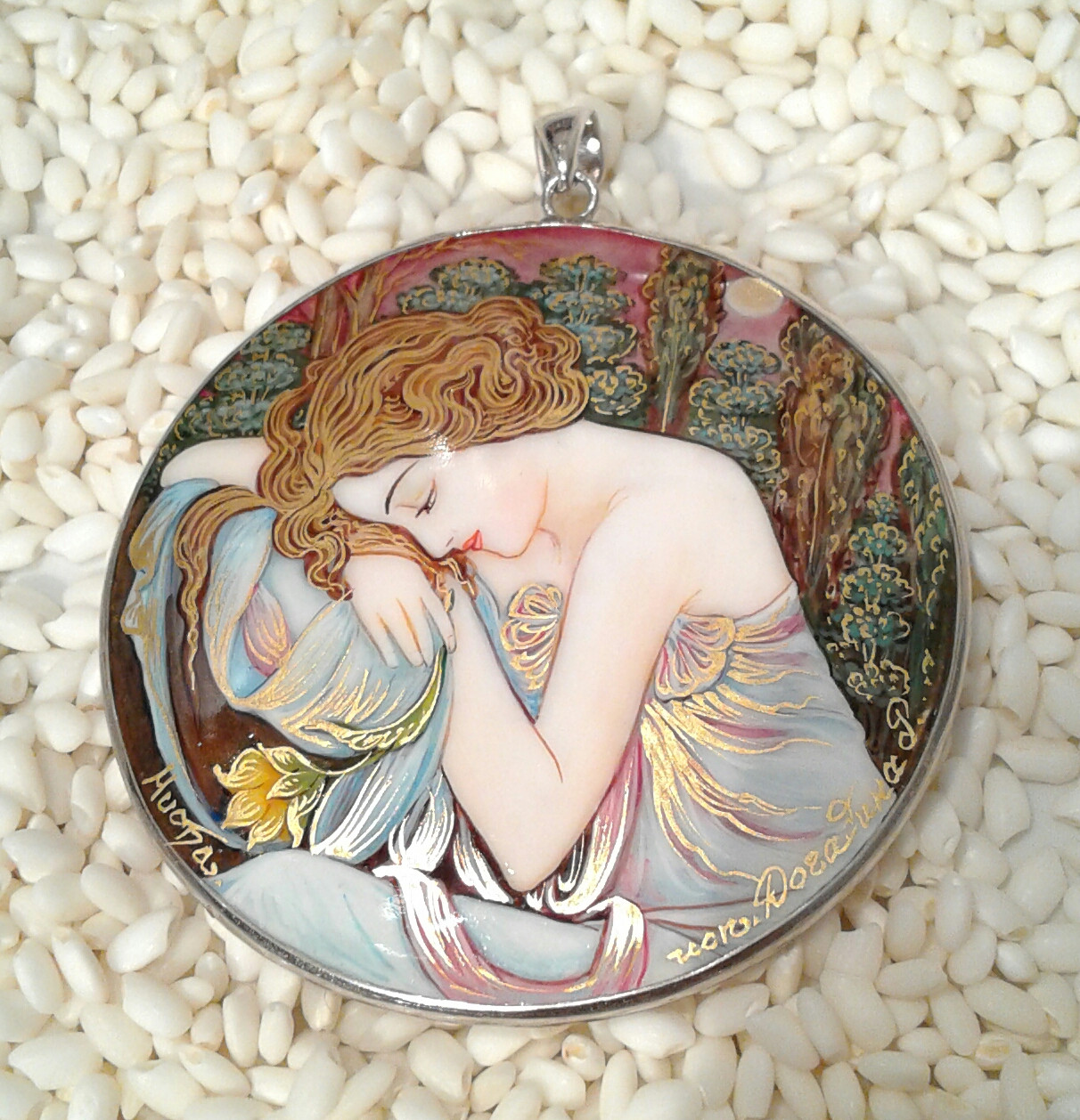 Hand painted Mucha Sterling Silver setting-Night's rest