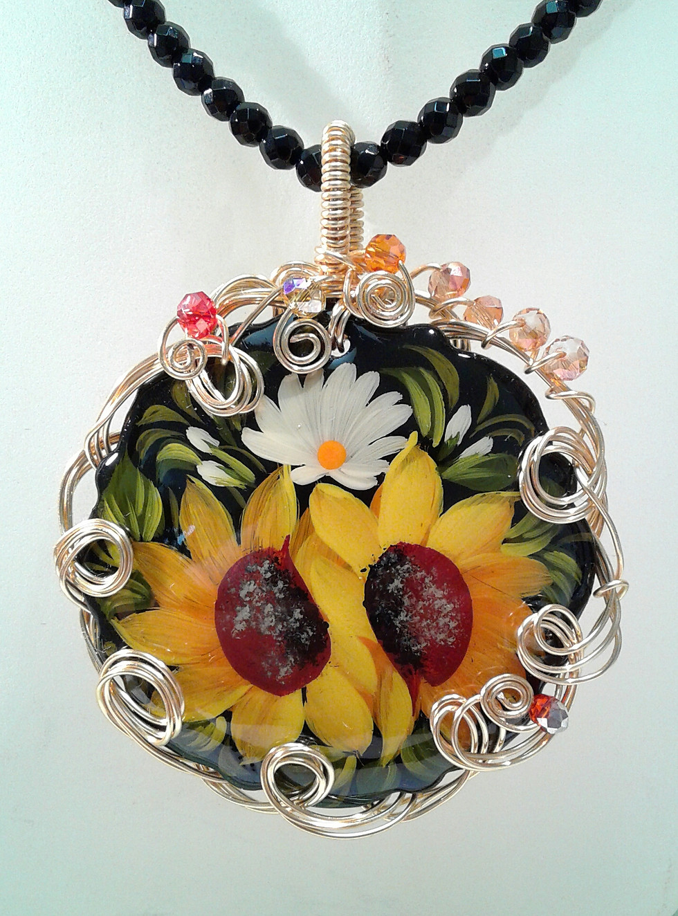 Thumbnail: SunflowerLacquer pendant  with Wire Wrapping