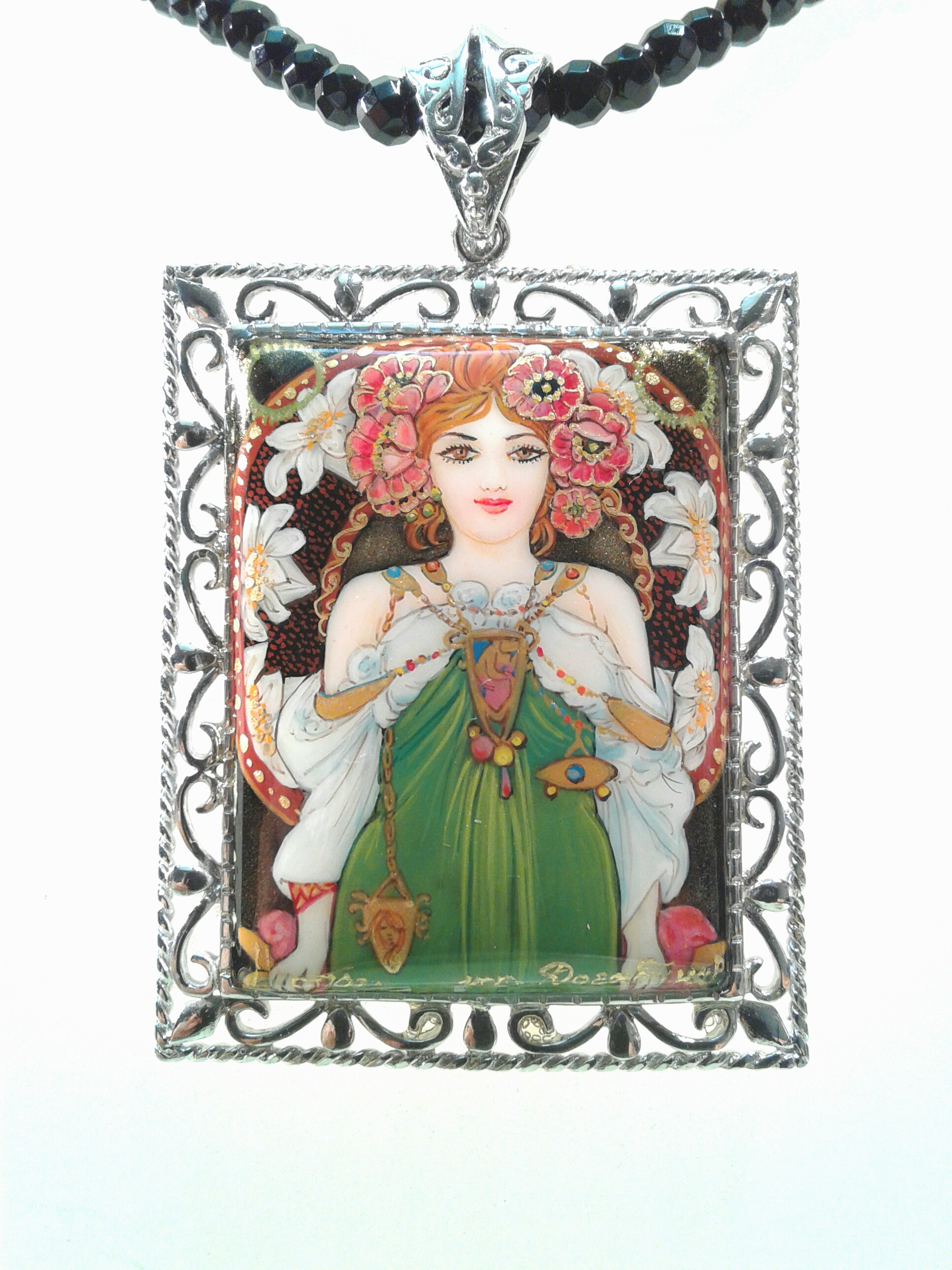 Hand painted Mucha Sterling Silver setting-Leslie Carter