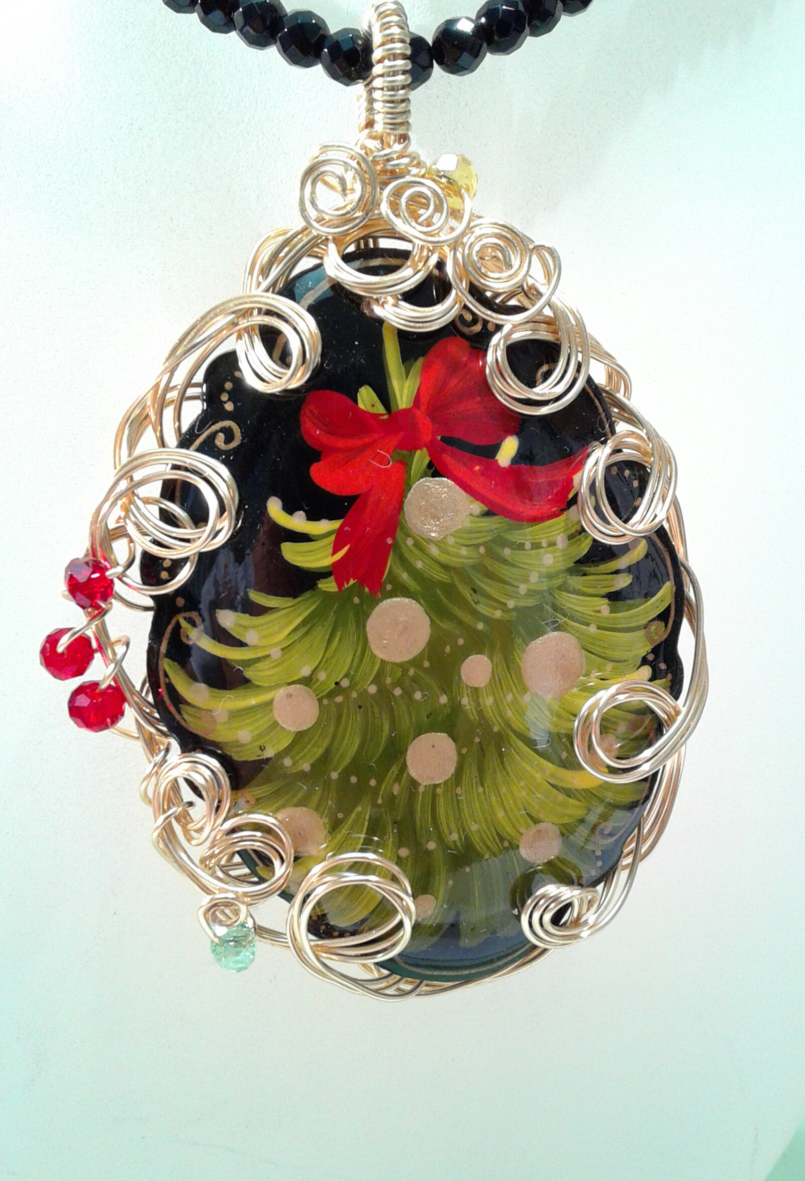 Christmas Tree Lacquer pendant with Wire Wrapping