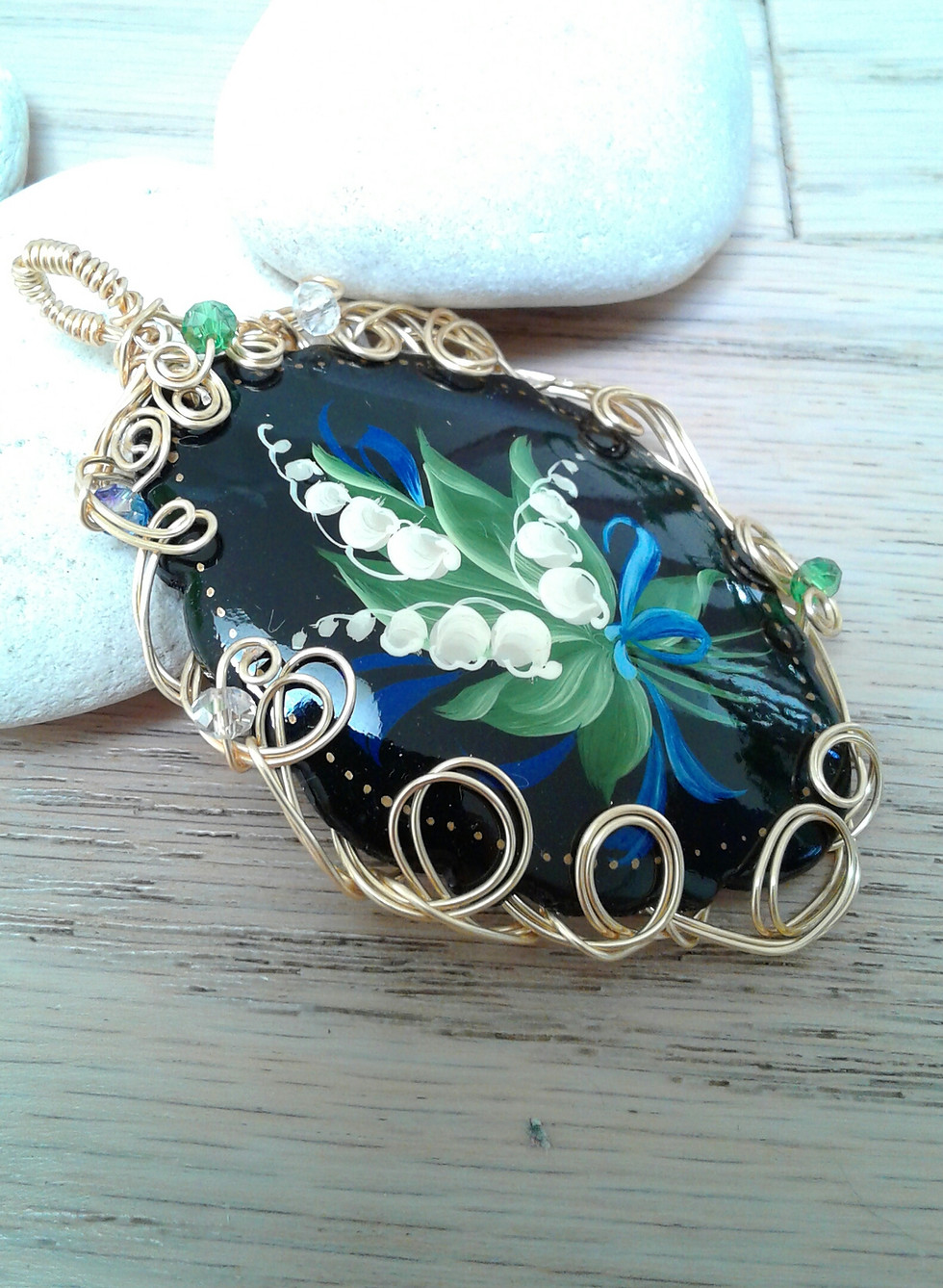 Thumbnail: Lily of Valley Lacquer pendant  with Wire Wrapping