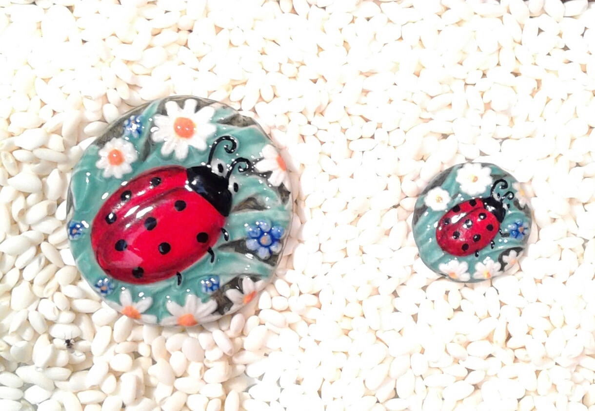 Porcelain Beads Ladybug- Green, Small