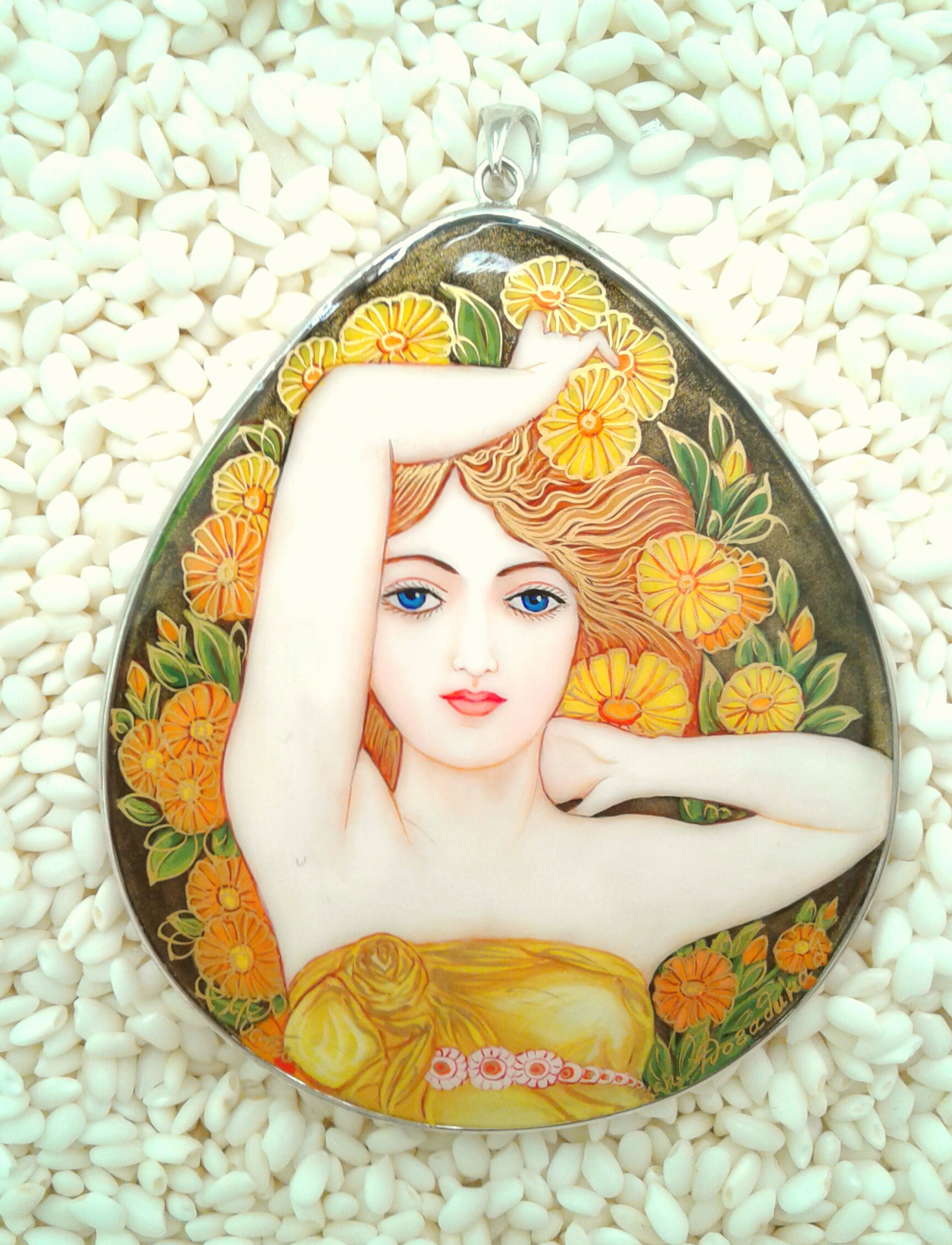 Hand painted Mucha Sterling Silver setting-Brightness of day