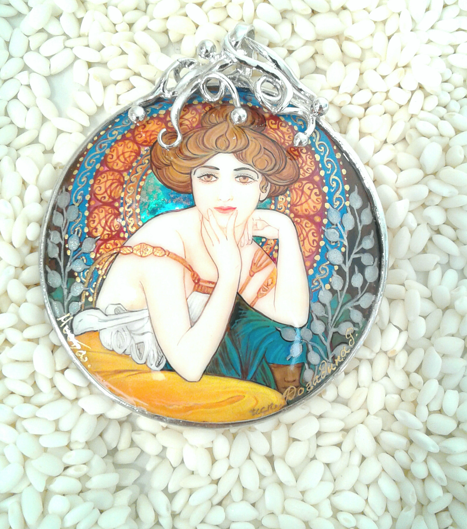Hand painted Mucha Sterling Silver setting-Topaz
