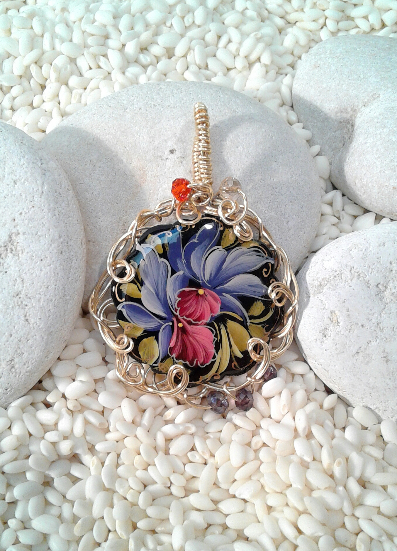Painted Orchid flower Russian Lacquer Pendant