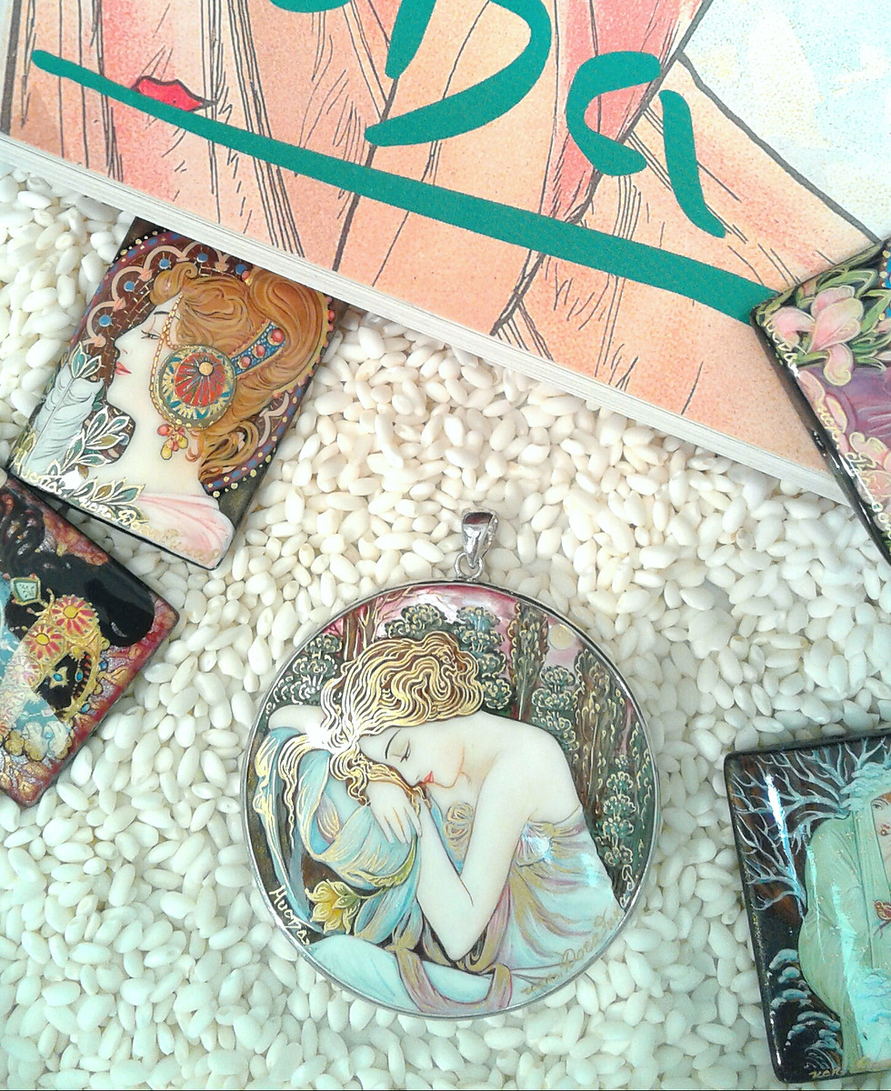 Thumbnail: Hand painted Mucha Sterling Silver setting-Night's rest