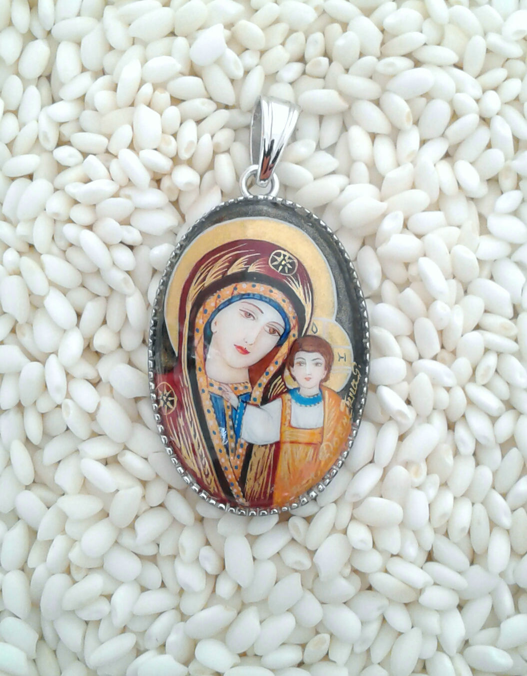 Hand painted Orthodox Sterling Silver setting-Madonna & Child, Our lady of Kazan