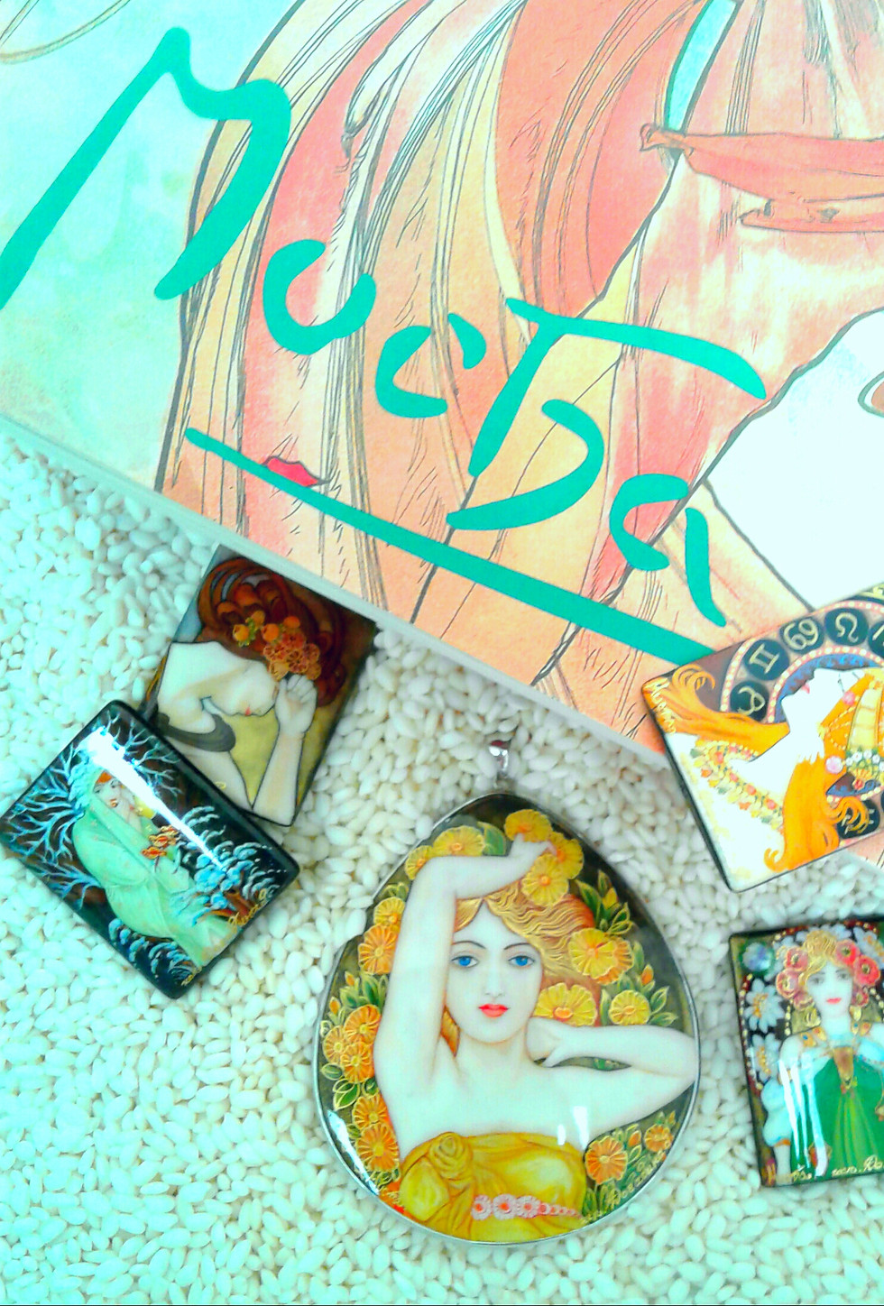 Thumbnail: Hand painted Mucha Sterling Silver setting-Brightness of day