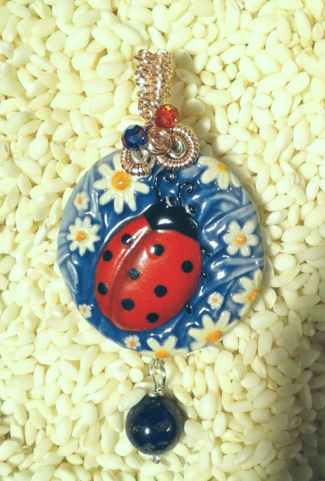 Porcelain Ladybug wire wrapping pendant