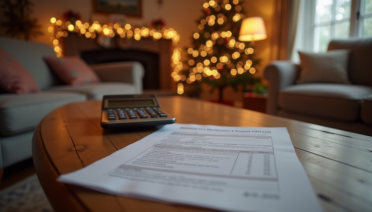 Eye-level view of a cozy home decorated with Christmas lights and a tax document on the table