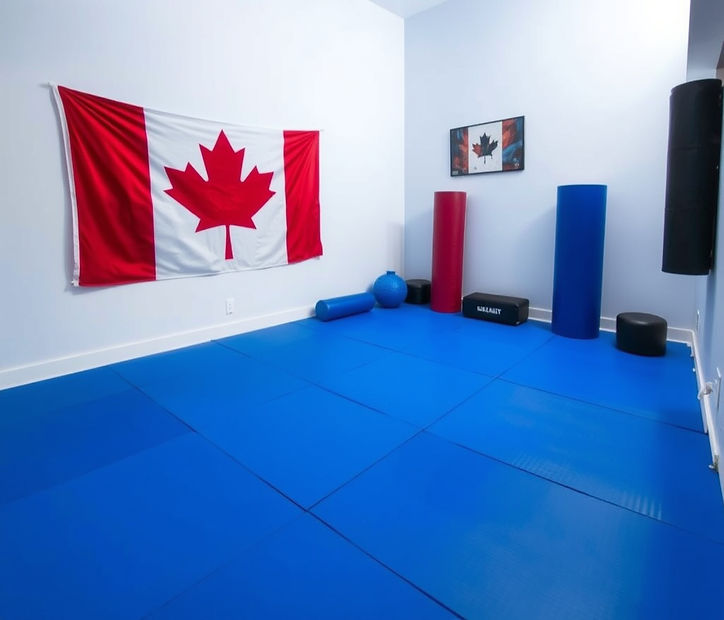 inside of a small martial arts training hall with blue matted floor and Canadian Flag on w