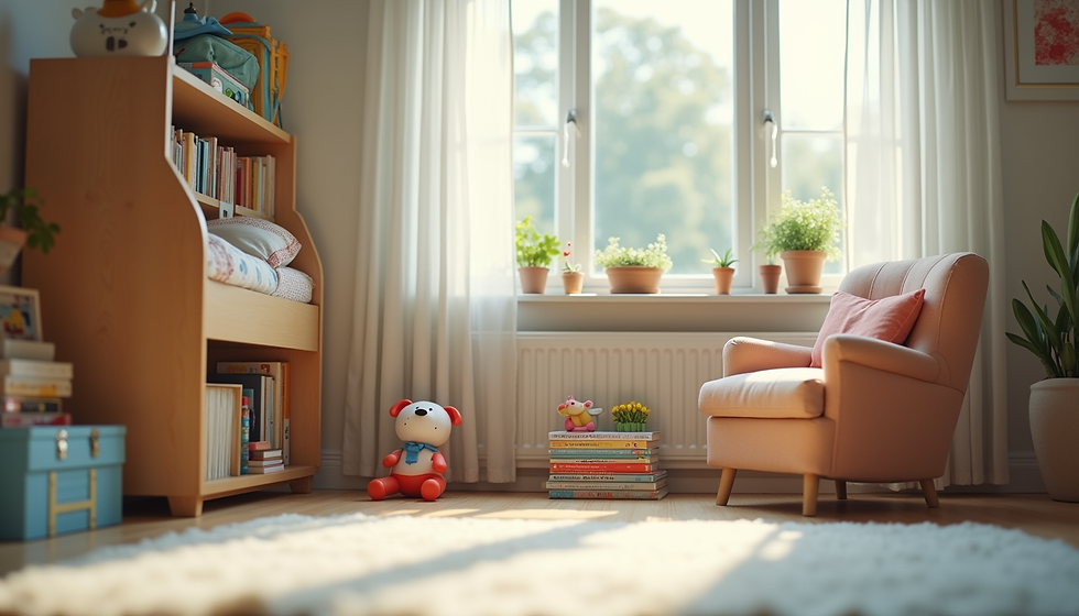 child friendly room with chairs and toys and view outside to trees