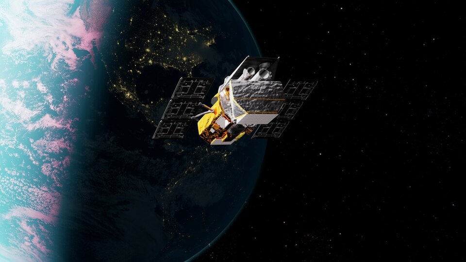 A space telescope orbiting above the Earth.