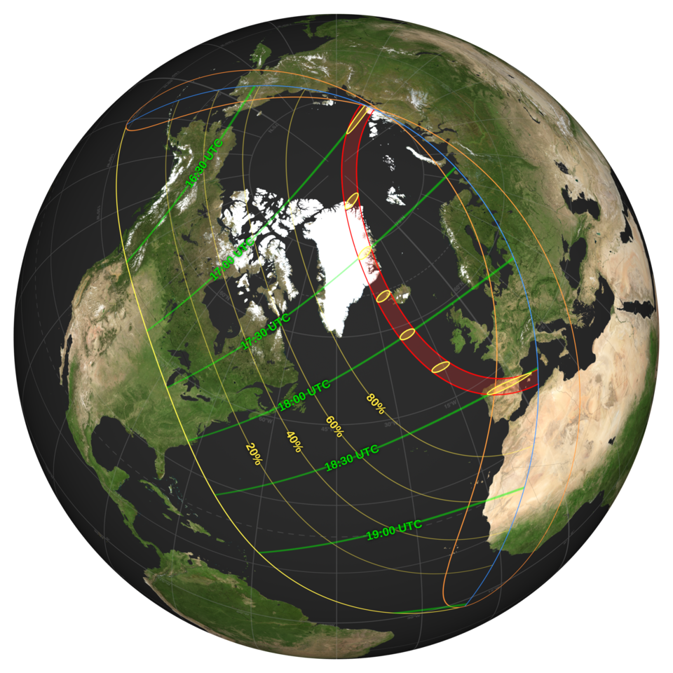 A globe with lines across it showing the path of the solar eclipse.