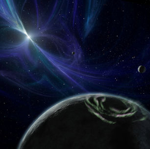 An artist's rendering of an exoplanet system, featuring a pulsar and three exoplanets.