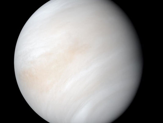 The planet Venus, a pale sphere covered in white clouds, giving it a smooth appearance.