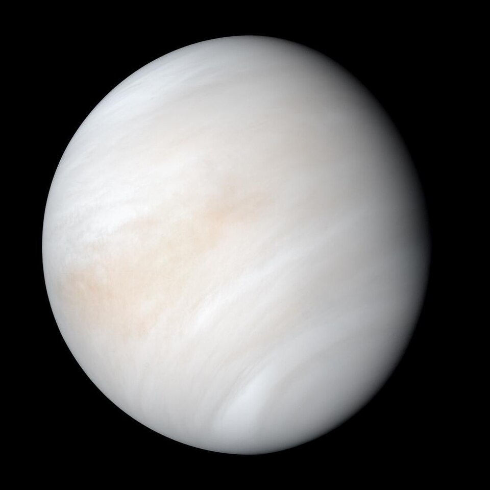 The planet Venus, a pale sphere covered in white clouds, giving it a smooth appearance.