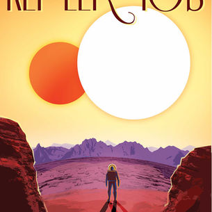 A travel poster showing an astronaut on an alien planet. Two suns set over the horizon, casting a double shadow from the astronaut.