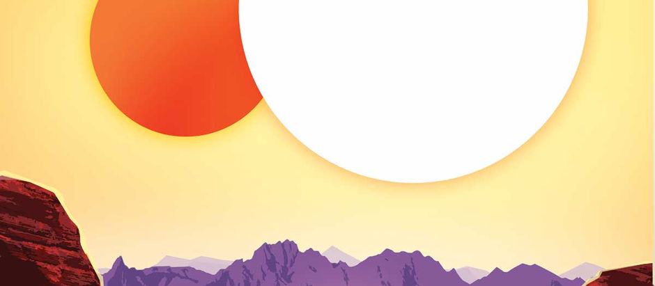 A travel poster showing an astronaut on an alien planet. Two suns set over the horizon, casting a double shadow from the astronaut.