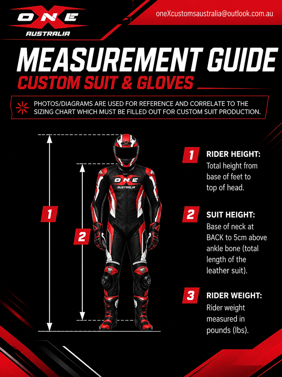 Measurement guide for custom OneX Australia Motorcycle Leathers and Motorcycle Gloves