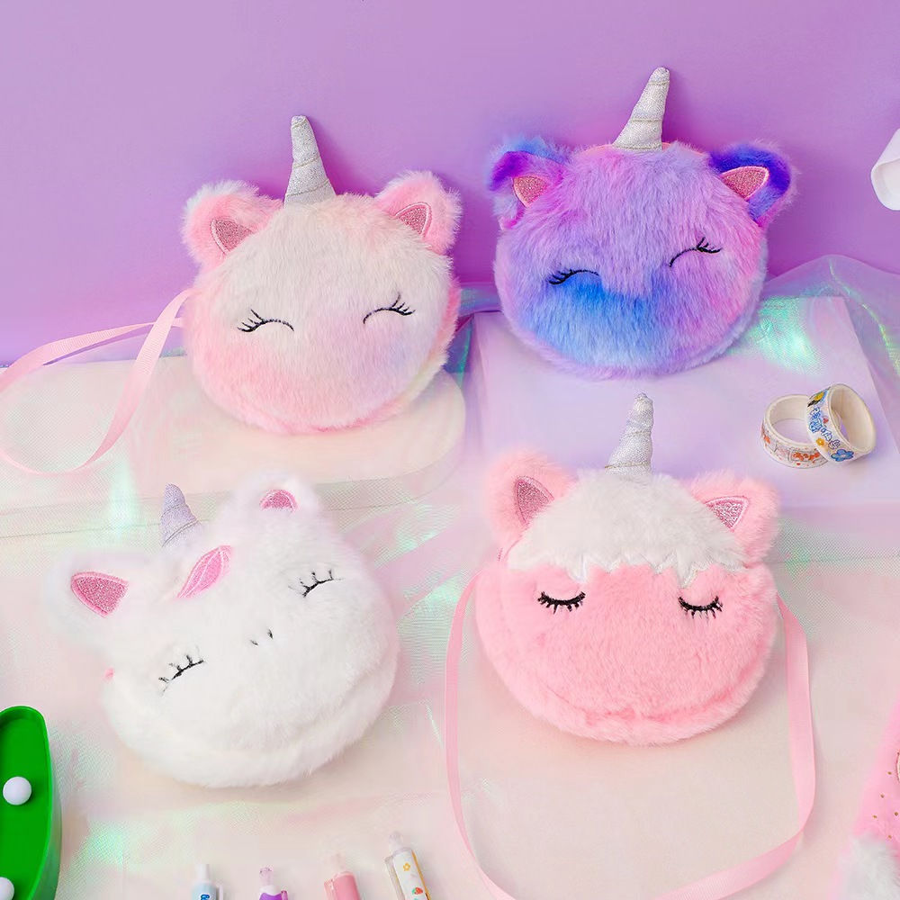 Kids Fashion Plush Shoulder Bag Cute Cartoon Unicorn Wallet Girls Handbag Baby A