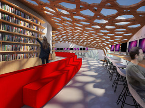 مكتبة حديثة، تصميم معماري مبتكر، رفوف كتب، أجهزة كمبيوتر