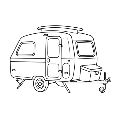 A custom retro style teardrop camper set up at a quiet lakefront campsite during sunrise.