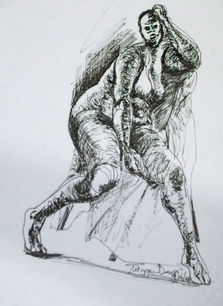 A dynamic figure drawing capturing a nude figure in a dramatic pose. The expressive lines and shading highlight the figure's form and movement, creating a sense of energy and vitality.