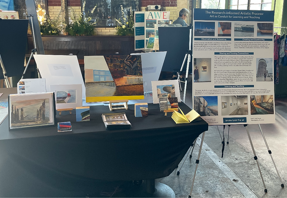 Brooke Lanier's presentation table at the Society for the Neuroscience of Creativity conference includes paintings and photos of the SS United States, as well as an informative poster. There are other posters in the background.