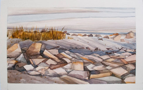 Watercolor of rocks and grasses on a beach
