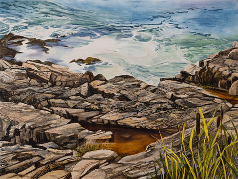 Oil painting of waves crashing on a rocky shore in Maine with cattails and a tide pool by Brooke Lanier