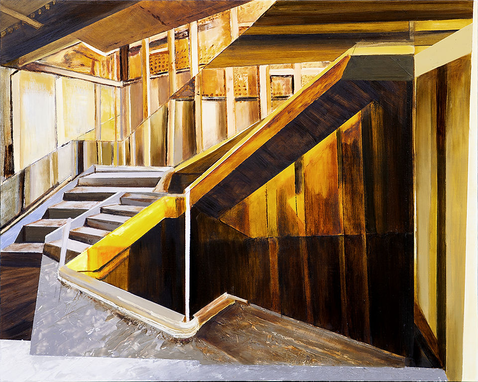 Oil on panel painting based on a collage of photos I took while touring the SS United States on multiple occasions. It is a reflection of the imprecision of memory and trying to reconstruct a sense of space. It is also poking fun at the many people who routinely give me terrible directions. "You just gotta go right, right over there." Does that mean walk down the stairs to the right side of the composition? Do I take the right hand side of divided and united staircase to the left? Do I turn right at the top of the stairs? Where are we going anyhow? Where are we?