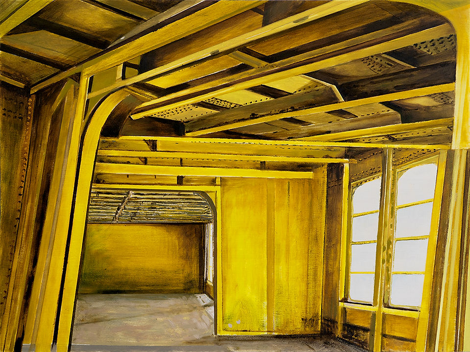 collage-based oil painting by Brooke Lanier depicting both sides of the same arch. It is part of the first class observation lounge of the SS United States. Once filled with transatlantic high society travelers, it is destined to be full of tropical fish when it is sunk as an artificial reef off the coast of Florida some time in 2026.