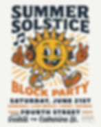 Graphic with a sunshine listening to headphones and giving the thumbs up. Text reads Summer Solstice Block Party, Saturday, June 21st. 4th Street, Philadelphia between Gaskill and Catherine Street.
