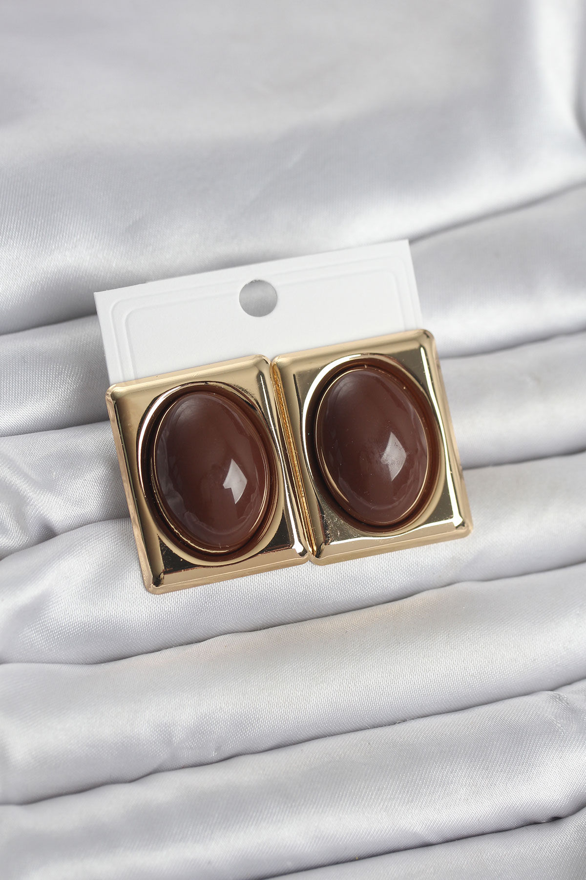 Kahverengi Kare Model Vintage Gold Renk Küpe