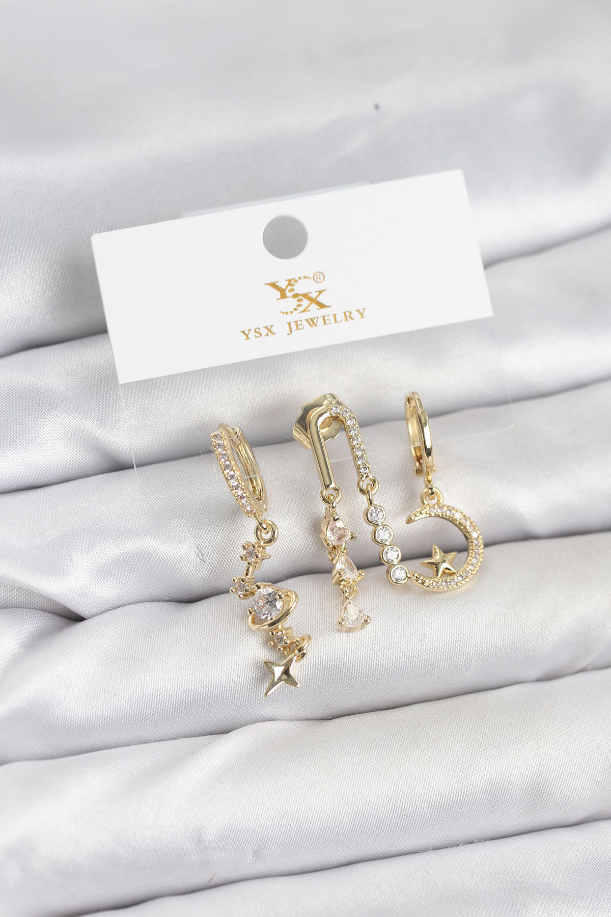 Gold Renk Zirkon Taşlı Uzay Model YSX Trio Küpe Seti