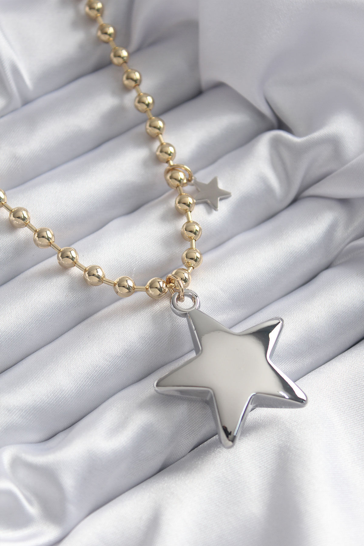 Gold Renk Topçuk Zincir Gümüş 3D Yıldız Model Yıldız Detay VİP Kolye