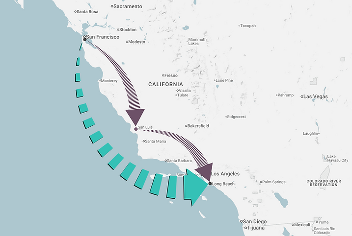 Route map comparing conventional and POWERION-enabled aircraft flight range for the USA.