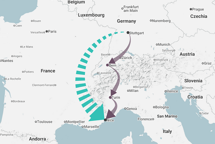 Map illustrating the increased flight range enabled by the POWERION e-POWERFAN™ propulsion system for the European use case.