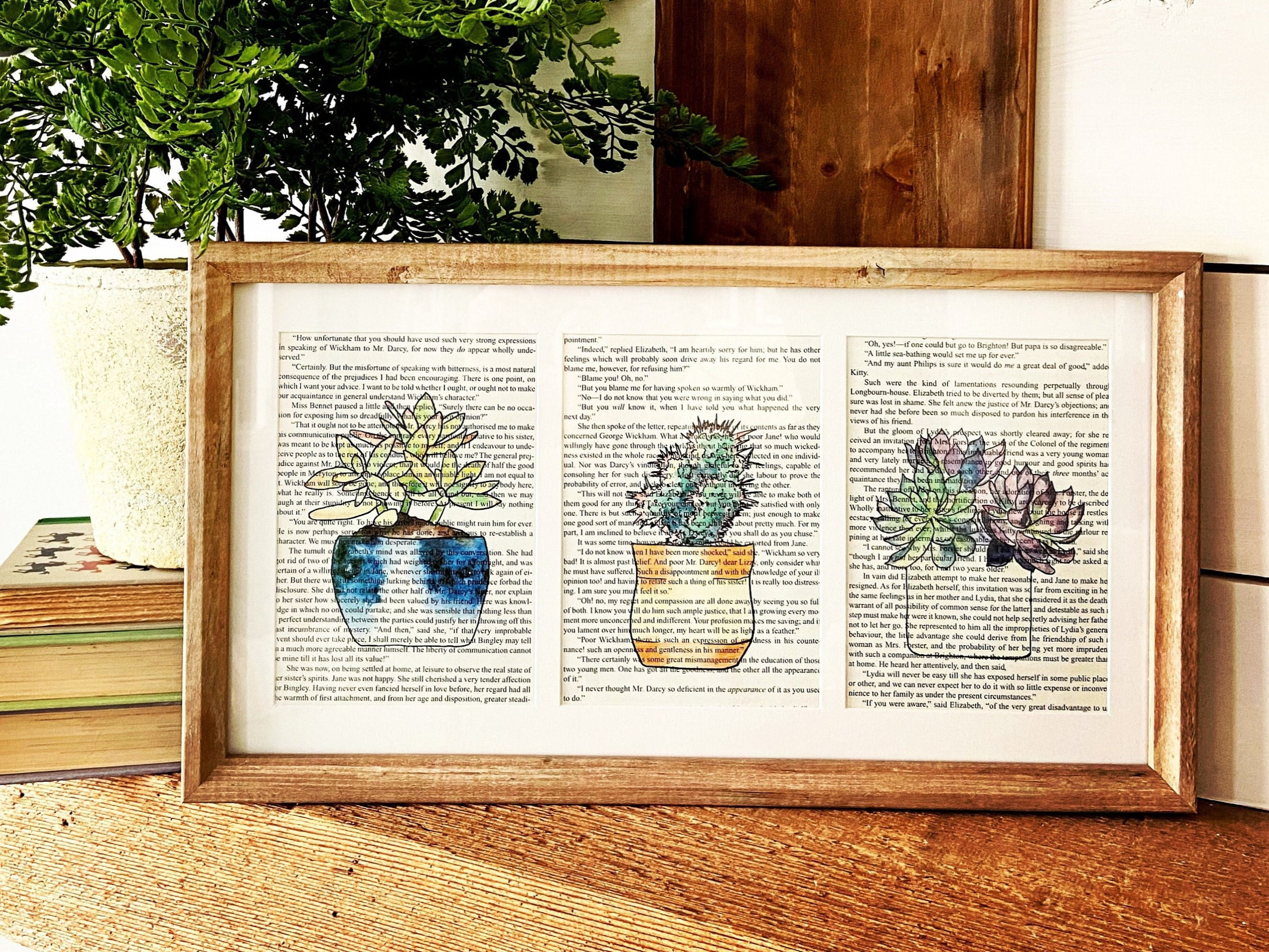 Succulent Watercolors on book pages - framed