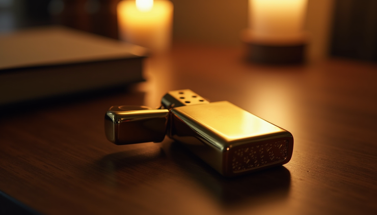 Close-up view of a luxury gold lighter resting on a polished wooden table with warm ambient lighting