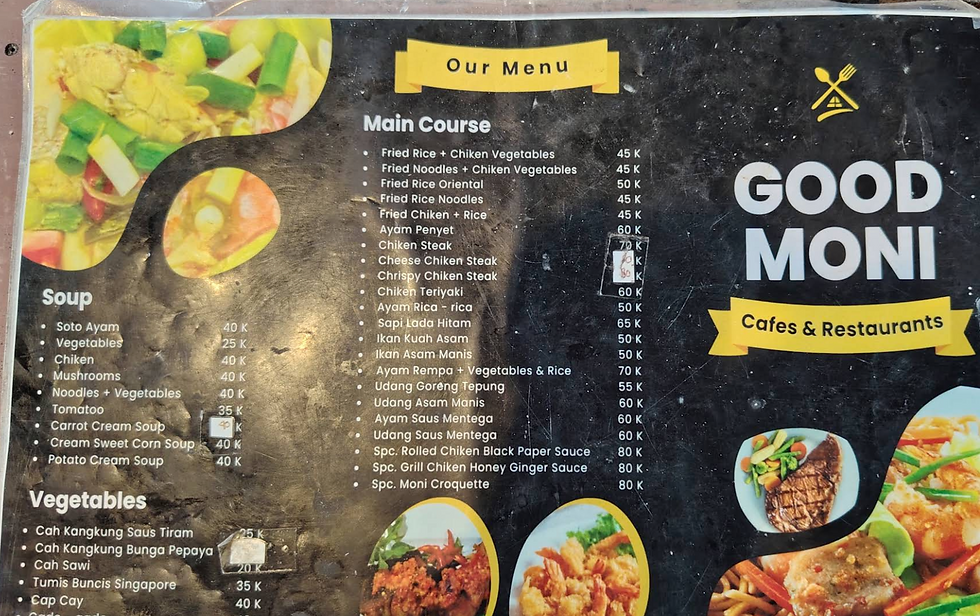 Black restaurant menu board for GOOD MONI Cafes & Restaurants with soup, vegetables, and main course prices
