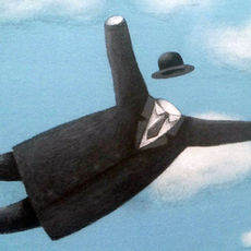 Un abito da uomo, privo di corpo, si libra nell'aria. Dipinto di Magritte.