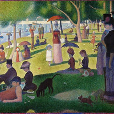 Una giornata di sole sull'isola La Grande Jatte di George Seurat. Il dipinto ritrae delle persone che si gono il sole sulla riva della Senna.