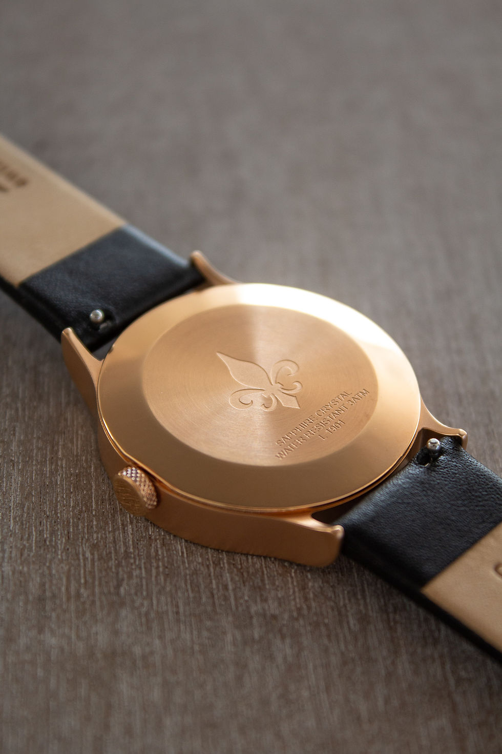 Thumbnail: Ladys: Black genuine leather strap with rose gold buckle