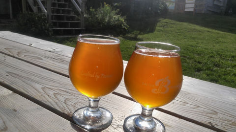 Two craft beers on a table outside