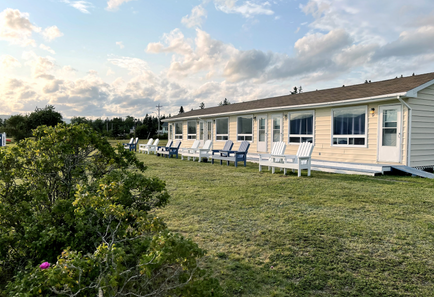 exterior of sea breeze motel rooms with a rose bush out front with a rose bloom