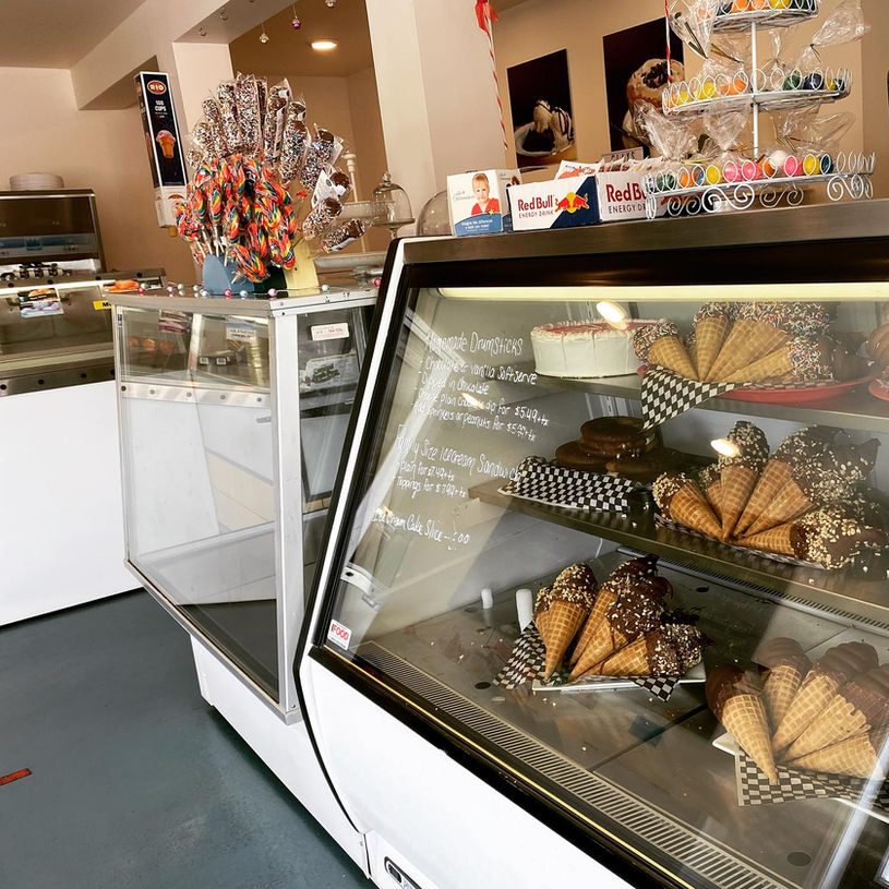 Ice cream counter with handmade ice cream cones at Clay's Confectionery